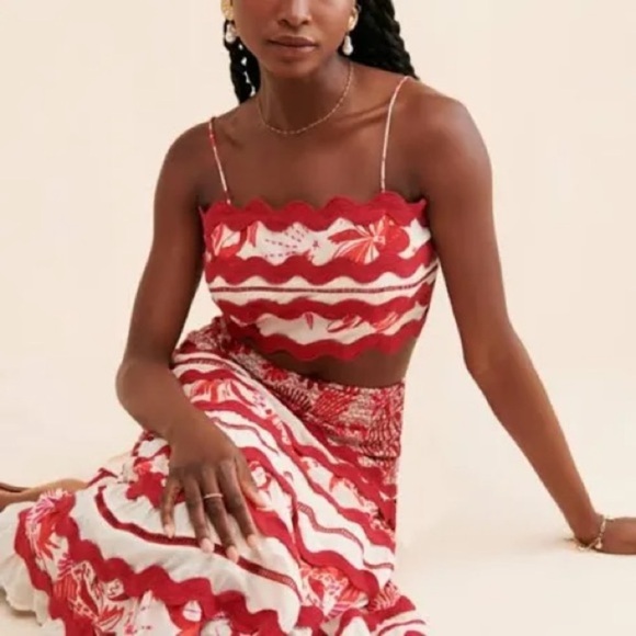 M🔖 CAROLINE CONSTAS Linen Scalloped Two Piece Skirt Set Floral Red Cream Ivory - Picture 9 of 10